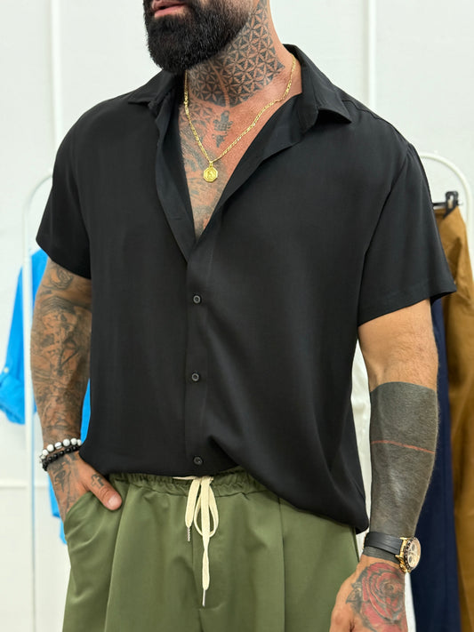 Camicia Lino mezz manica nera