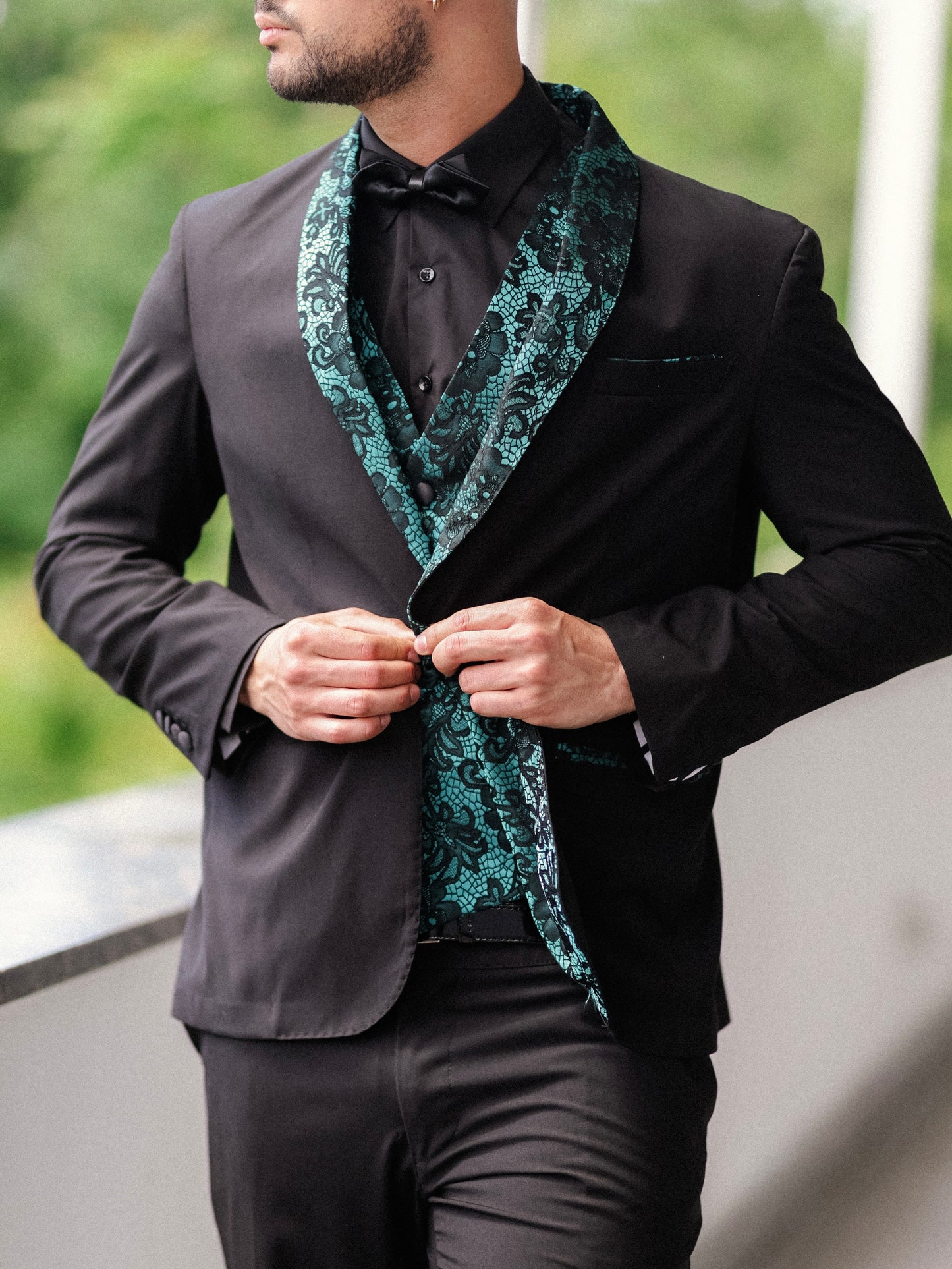Abito Smoking con Gilet Damascato Verde