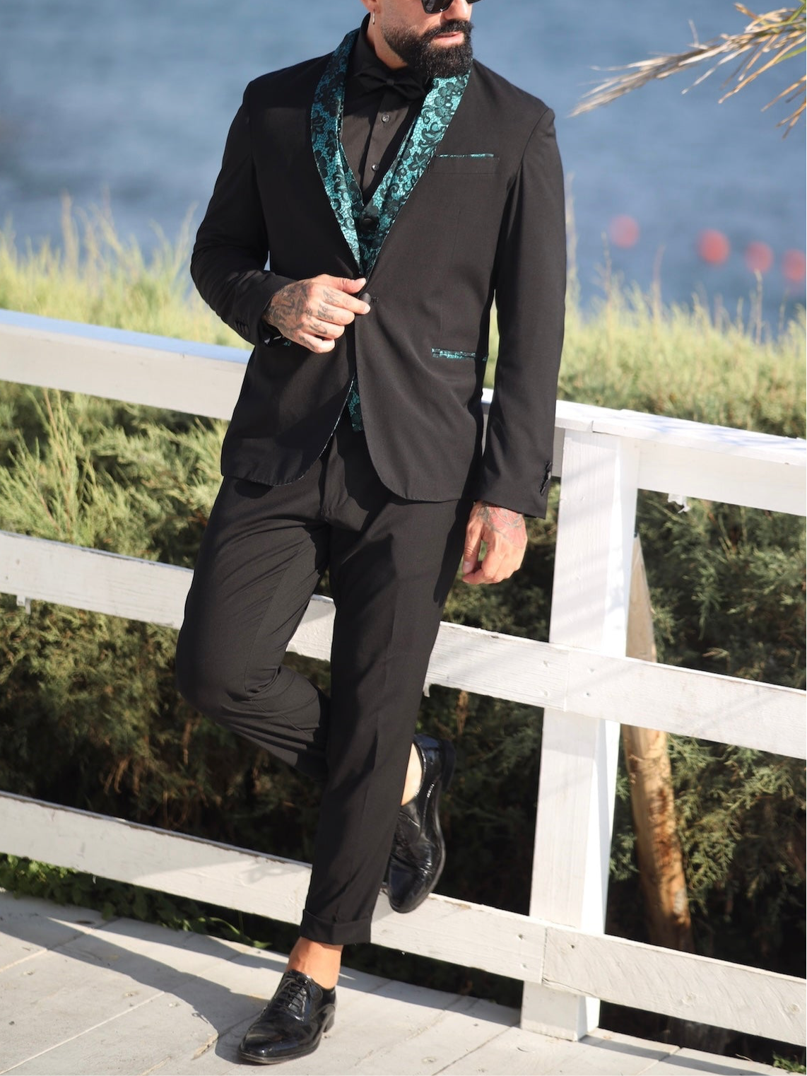 Abito Smoking con Gilet Damascato Verde