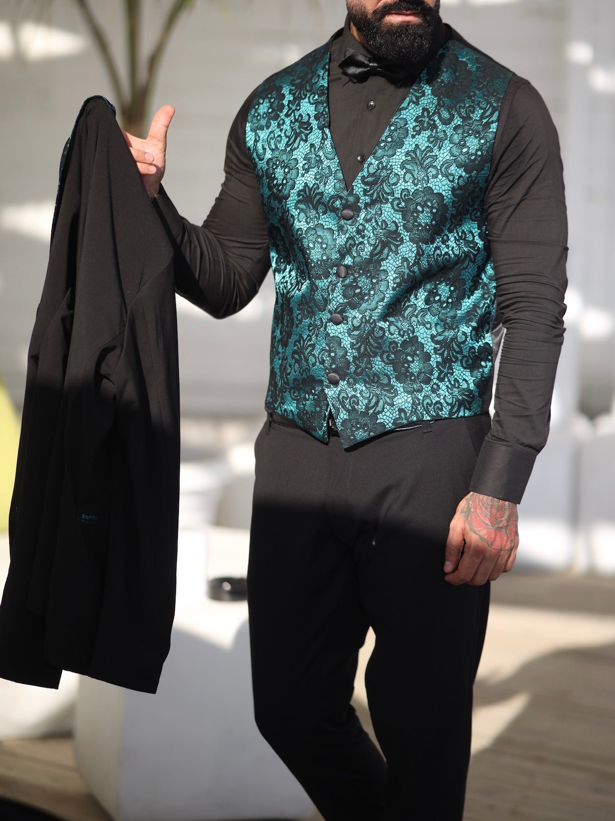 Abito Smoking con Gilet Damascato Verde