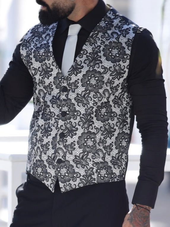 Abito Smoking con Gilet Damascato Argento
