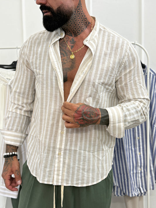 Camicia lino Righe Beige