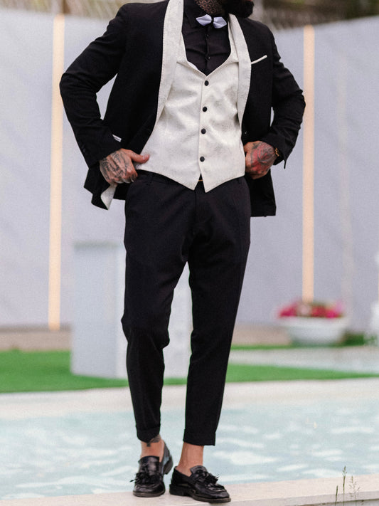 Abito Smoking con Gilet Damascato Bianco