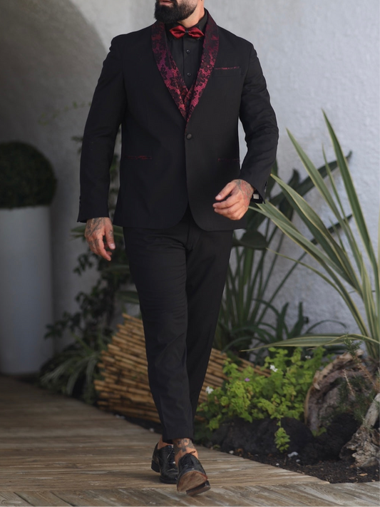 Abito 3 pezzi rever damascato bordeaux